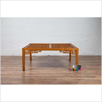 Chinese Elmwood Square Coffee Table with Open Fretwork and Horse-Hoof Legs