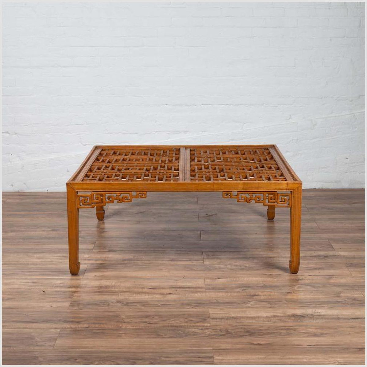 Chinese Elmwood Square Coffee Table with Open Fretwork and Horse-Hoof Legs-4. Asian &amp; Chinese Furniture, Art, Antiques, Vintage Home Décor for sale at FEA Home