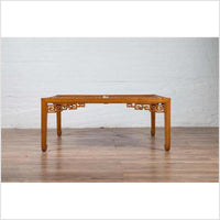 Chinese Elmwood Square Coffee Table with Open Fretwork and Horse-Hoof Legs