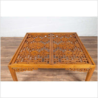 Chinese Elmwood Square Coffee Table with Open Fretwork and Horse-Hoof Legs