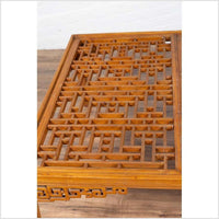 Chinese Elmwood Square Coffee Table with Open Fretwork and Horse-Hoof Legs