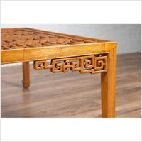 Chinese Elmwood Square Coffee Table with Open Fretwork and Horse-Hoof Legs