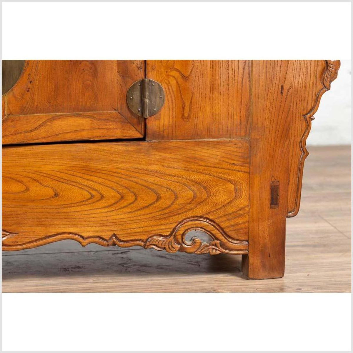 Chinese Elmwood Two-Door Low Kang Cabinet with Everted Flanges and Scrolls-12. Asian &amp; Chinese Furniture, Art, Antiques, Vintage Home Décor for sale at FEA Home
