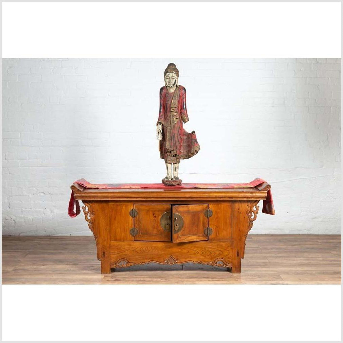 Chinese Elmwood Two-Door Low Kang Cabinet with Everted Flanges and Scrolls-3. Asian &amp; Chinese Furniture, Art, Antiques, Vintage Home Décor for sale at FEA Home