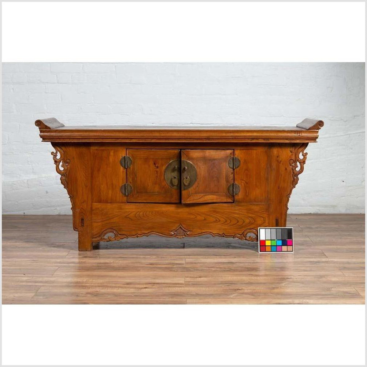 Chinese Elmwood Two-Door Low Kang Cabinet with Everted Flanges and Scrolls-4. Asian &amp; Chinese Furniture, Art, Antiques, Vintage Home Décor for sale at FEA Home