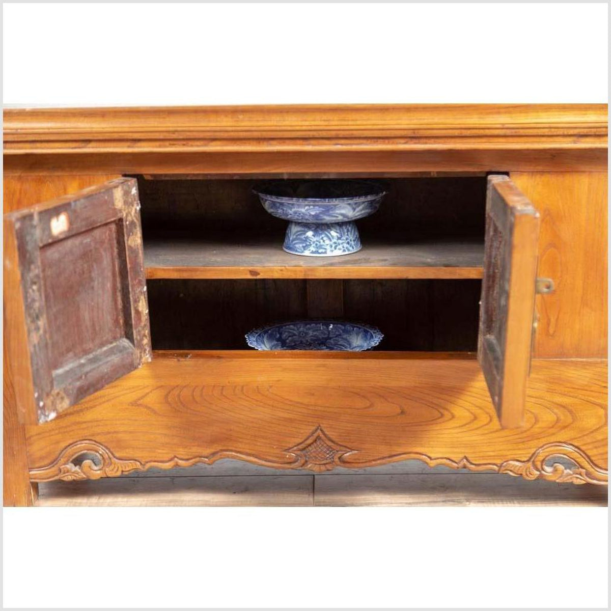 Chinese Elmwood Two-Door Low Kang Cabinet with Everted Flanges and Scrolls-6. Asian &amp; Chinese Furniture, Art, Antiques, Vintage Home Décor for sale at FEA Home