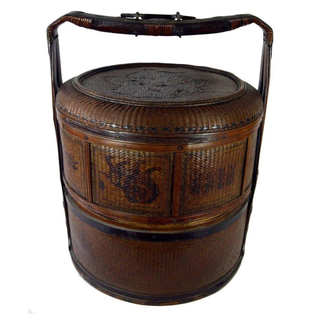 Brown wooden Chinese wedding basket with lid and handle, detailed intricate patterns, in good condition.