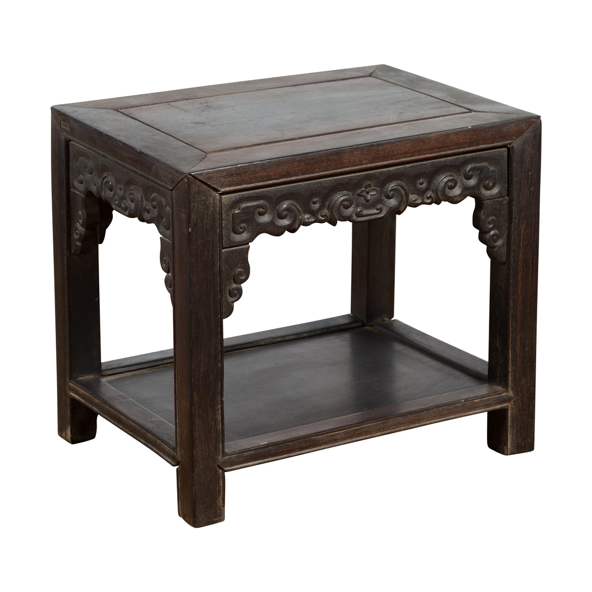 Chinese Late Qing Dynasty 1900s Stool with Cloud-Carved Apron and Lower Shelf-1. Asian & Chinese Furniture, Art, Antiques, Vintage Home Décor for sale at FEA Home