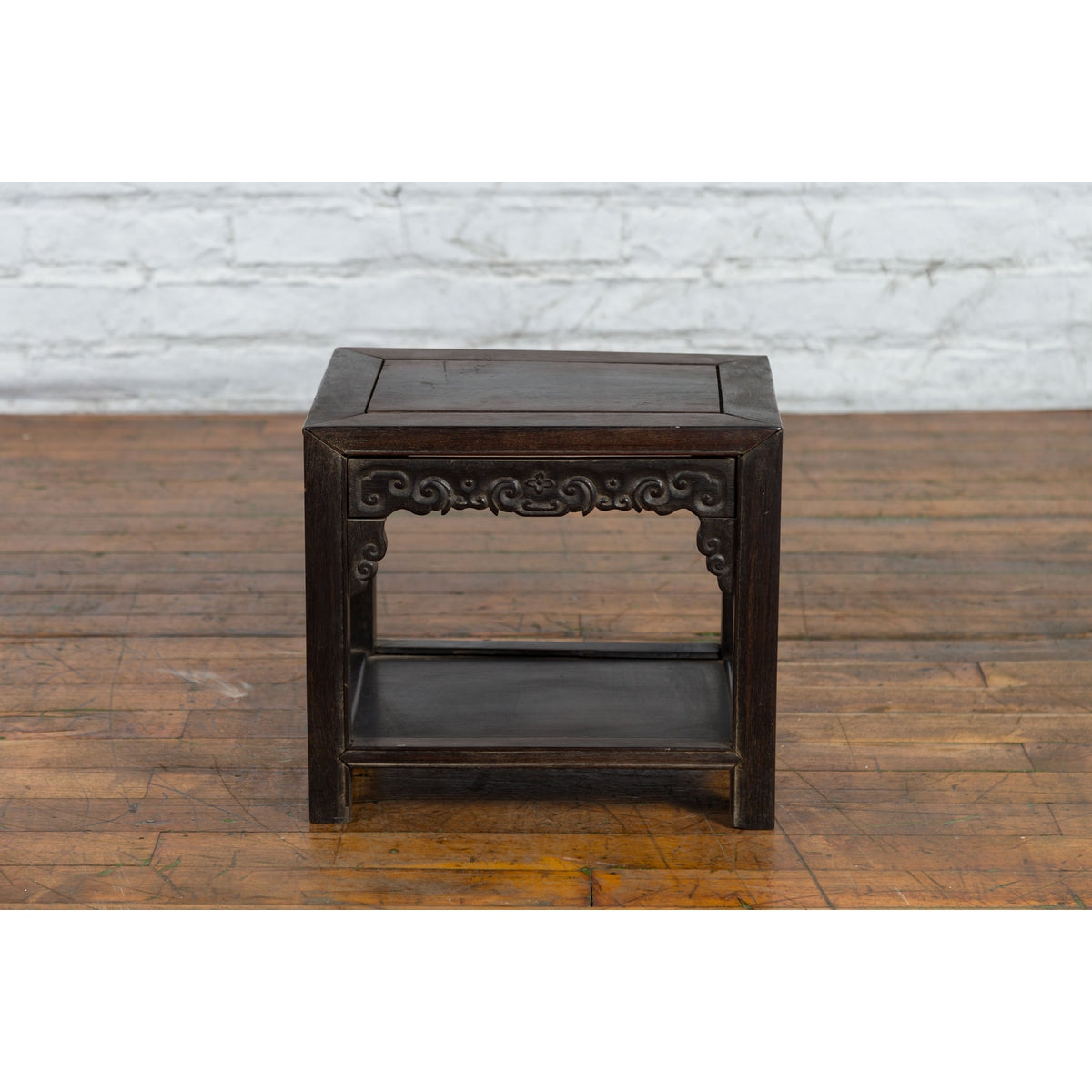 Chinese Late Qing Dynasty 1900s Stool with Cloud-Carved Apron and Lower Shelf-2. Asian & Chinese Furniture, Art, Antiques, Vintage Home Décor for sale at FEA Home