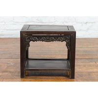 Chinese Late Qing Dynasty 1900s Stool with Cloud-Carved Apron and Lower Shelf