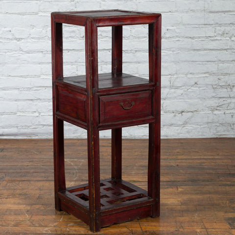 Chinese Late Qing Dynasty 1900s Tiered Table with Drawer and Fretwork Shelf