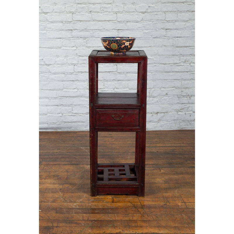 This-is-a-picture-of-a-Chinese Late Qing Dynasty 1900s Tiered Table with Drawer and Fretwork Shelf-image-position-2-style-YN3989-Shop-for-Vintage-and-Antique-Asian-and-Chinese-Furniture-for-sale-at-FEA Home-NYC