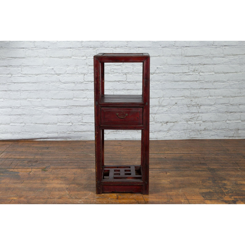 This-is-a-picture-of-a-Chinese Late Qing Dynasty 1900s Tiered Table with Drawer and Fretwork Shelf-image-position-5-style-YN3989-Shop-for-Vintage-and-Antique-Asian-and-Chinese-Furniture-for-sale-at-FEA Home-NYC