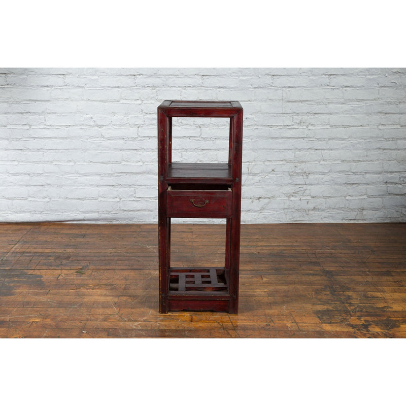 This-is-a-picture-of-a-Chinese Late Qing Dynasty 1900s Tiered Table with Drawer and Fretwork Shelf-image-position-9-style-YN3989-Shop-for-Vintage-and-Antique-Asian-and-Chinese-Furniture-for-sale-at-FEA Home-NYC