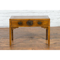 Chinese Late Qing Dynasty Elm Desk with Two Drawers and Ornate Brass Hardware