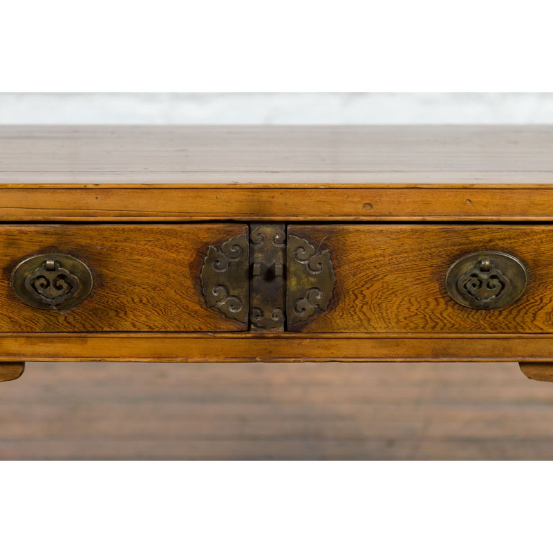 Chinese Late Qing Dynasty Elm Desk with Two Drawers and Ornate Brass Hardware-YN2608-7. Asian & Chinese Furniture, Art, Antiques, Vintage Home Décor for sale at FEA Home