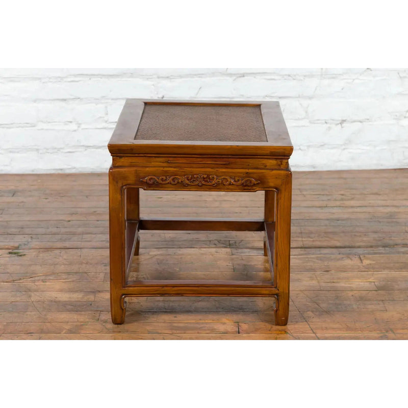 This-is-a-picture-of-a-Chinese Late Qing Dynasty Elmwood Side Table with Low-Relied Carved Frieze-with-image-position-10-style-YN1248-Shop-for-Vintage-and-Antique-Asian-and-Chinese-Furniture-for-sale-at-FEA Home-NYC