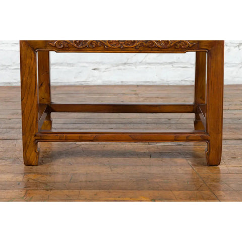 Chinese Late Qing Dynasty Elmwood Side Table with Low-Relied Carved Frieze