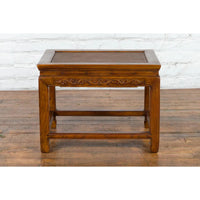 Chinese Late Qing Dynasty Elmwood Side Table with Low-Relied Carved Frieze