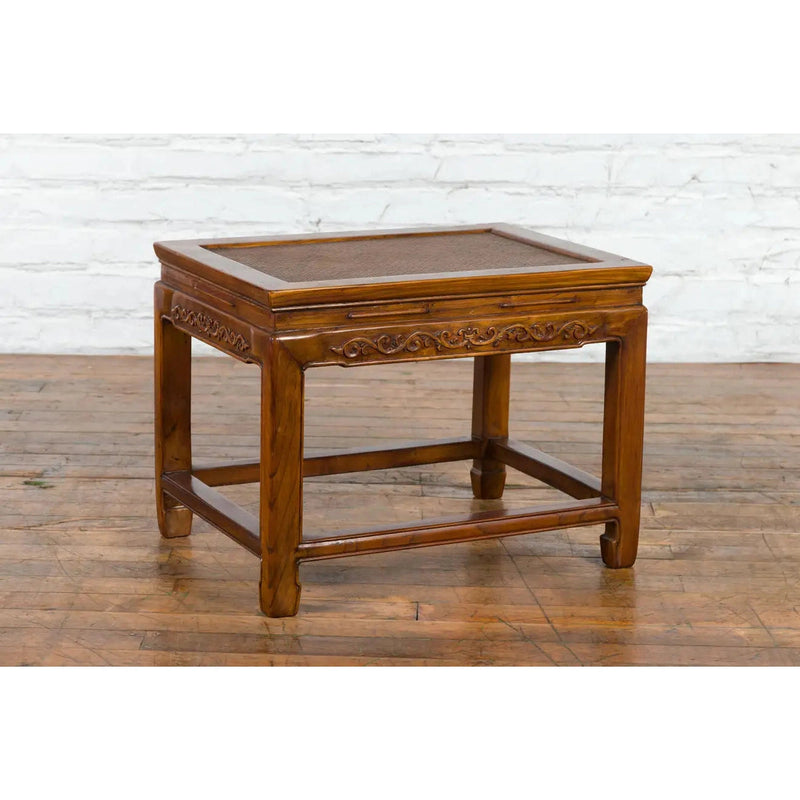 This-is-a-picture-of-a-Chinese Late Qing Dynasty Elmwood Side Table with Low-Relied Carved Frieze-with-image-position-3-style-YN1248-Shop-for-Vintage-and-Antique-Asian-and-Chinese-Furniture-for-sale-at-FEA Home-NYC