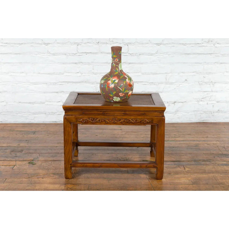 This-is-a-picture-of-a-Chinese Late Qing Dynasty Elmwood Side Table with Low-Relied Carved Frieze-with-image-position-4-style-YN1248-Shop-for-Vintage-and-Antique-Asian-and-Chinese-Furniture-for-sale-at-FEA Home-NYC
