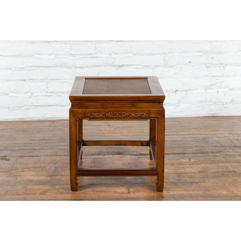 This-is-a-picture-of-a-Chinese Late Qing Dynasty Elmwood Side Table with Low-Relied Carved Frieze-with-image-position-9-style-YN1248-Shop-for-Vintage-and-Antique-Asian-and-Chinese-Furniture-for-sale-at-FEA Home-NYC
