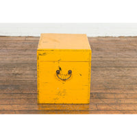 Chinese Late Qing Dynasty Yellow Lacquered Blanket Chest with Brass Hardware