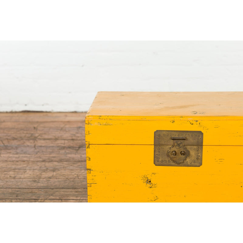Chinese Late Qing Dynasty Yellow Lacquered Blanket Chest with Brass Hardware-14. Asian & Chinese Furniture, Art, Antiques, Vintage Home Décor for sale at FEA Home