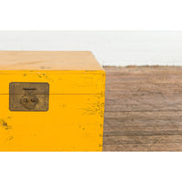 Chinese Late Qing Dynasty Yellow Lacquered Blanket Chest with Brass Hardware