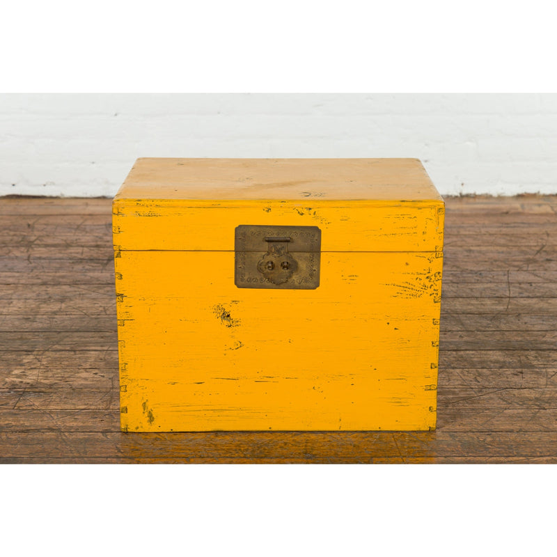 Chinese Late Qing Dynasty Yellow Lacquered Blanket Chest with Brass Hardware-18. Asian & Chinese Furniture, Art, Antiques, Vintage Home Décor for sale at FEA Home
