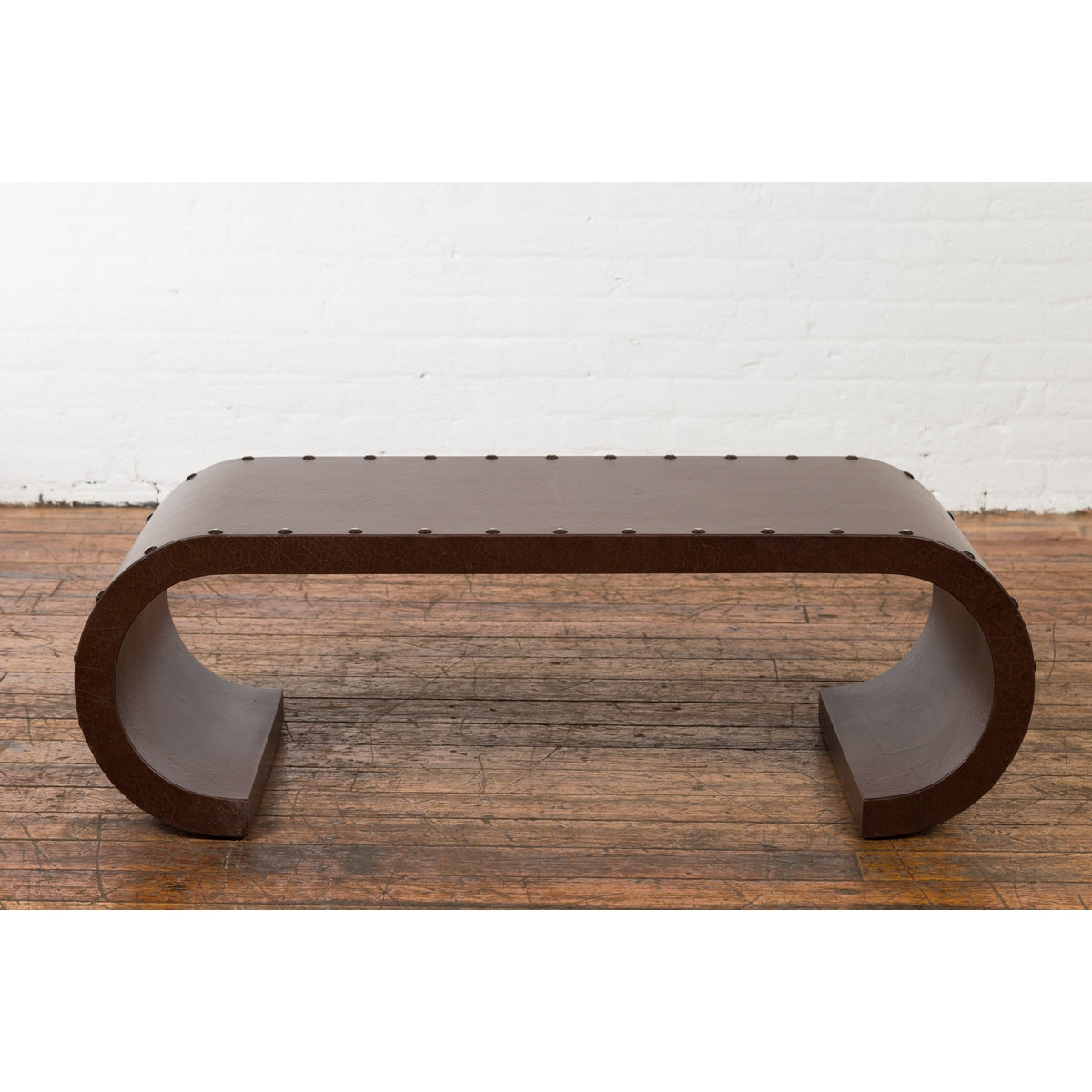 Chinese Midcentury Waterfall Scroll Table with Crackled Brown Faux Leather-2. Asian & Chinese Furniture, Art, Antiques, Vintage Home Décor for sale at FEA Home