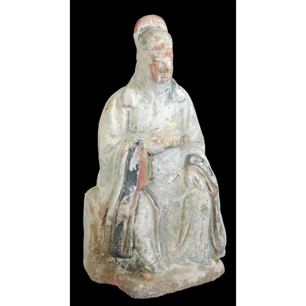 Terracotta Ming Dynasty court figure statuette in faded robes, partially eroded face, 17th century, close-up.