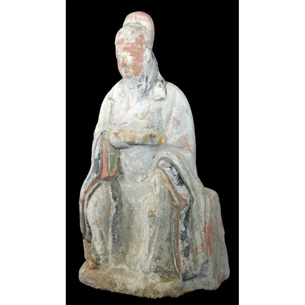Terracotta Ming Dynasty court figure statuette with draped clothing, brown color, close-up on black background.