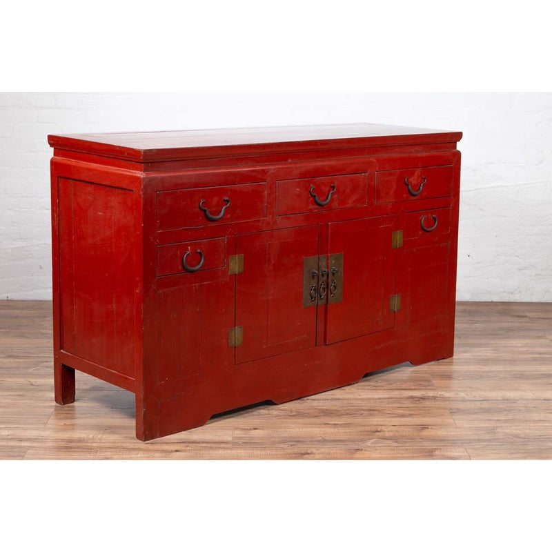 Chinese Ming Dynasty Style Red Lacquered Console Cabinet with Doors and Drawers