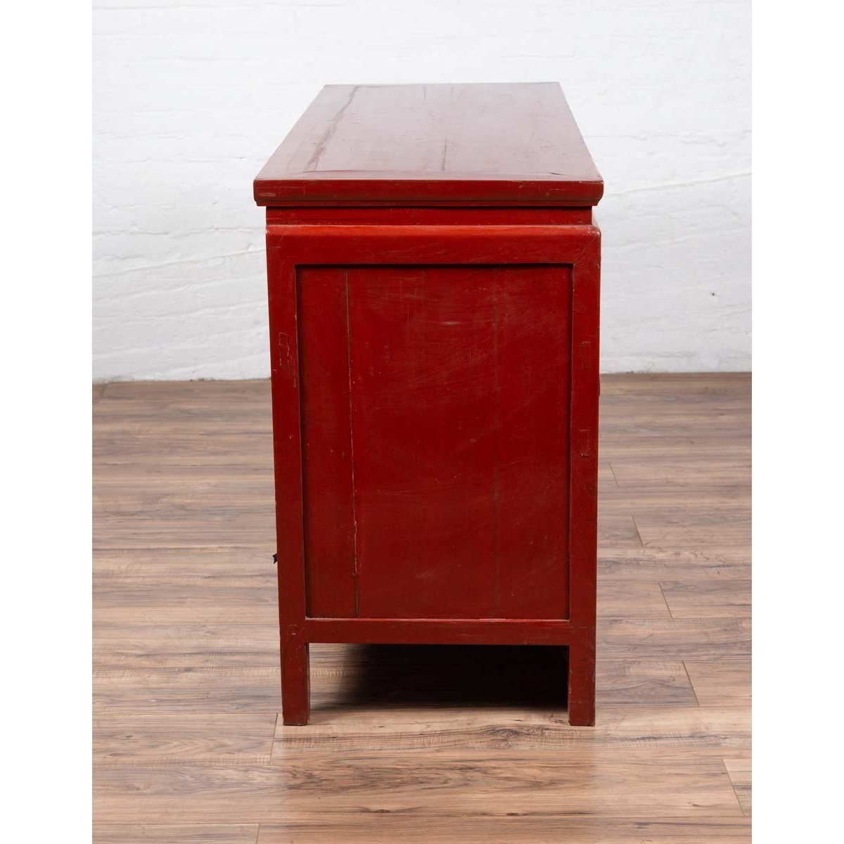 Chinese Ming Dynasty Style Red Lacquered Console Cabinet with Doors and Drawers-15. Asian &amp; Chinese Furniture, Art, Antiques, Vintage Home Décor for sale at FEA Home
