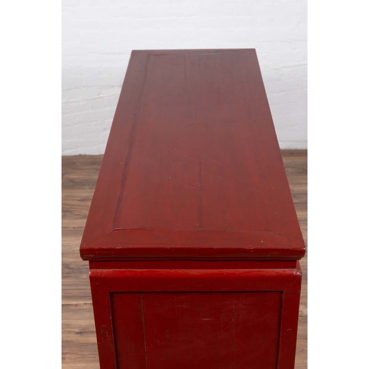 Chinese Ming Dynasty Style Red Lacquered Console Cabinet with Doors and Drawers-16. Asian &amp; Chinese Furniture, Art, Antiques, Vintage Home Décor for sale at FEA Home