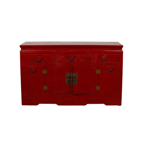 Chinese Ming Dynasty Style Red Lacquered Console Cabinet with Doors and Drawers- Asian Antiques, Vintage Home Decor & Chinese Furniture - FEA Home