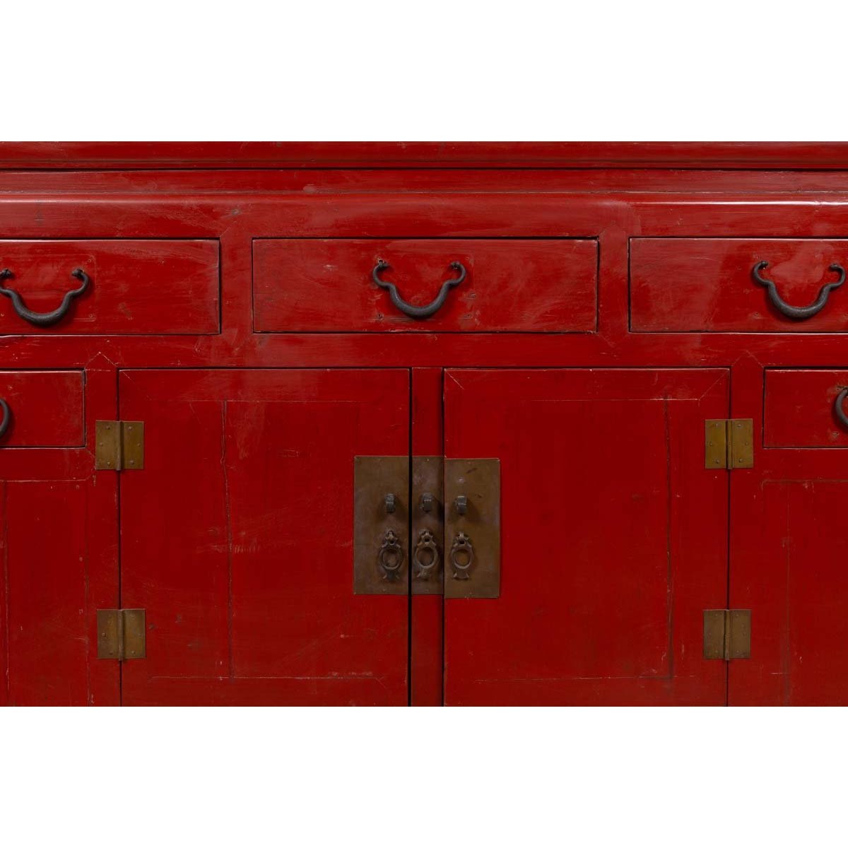 Chinese Ming Dynasty Style Red Lacquered Console Cabinet with Doors and Drawers-9. Asian &amp; Chinese Furniture, Art, Antiques, Vintage Home Décor for sale at FEA Home