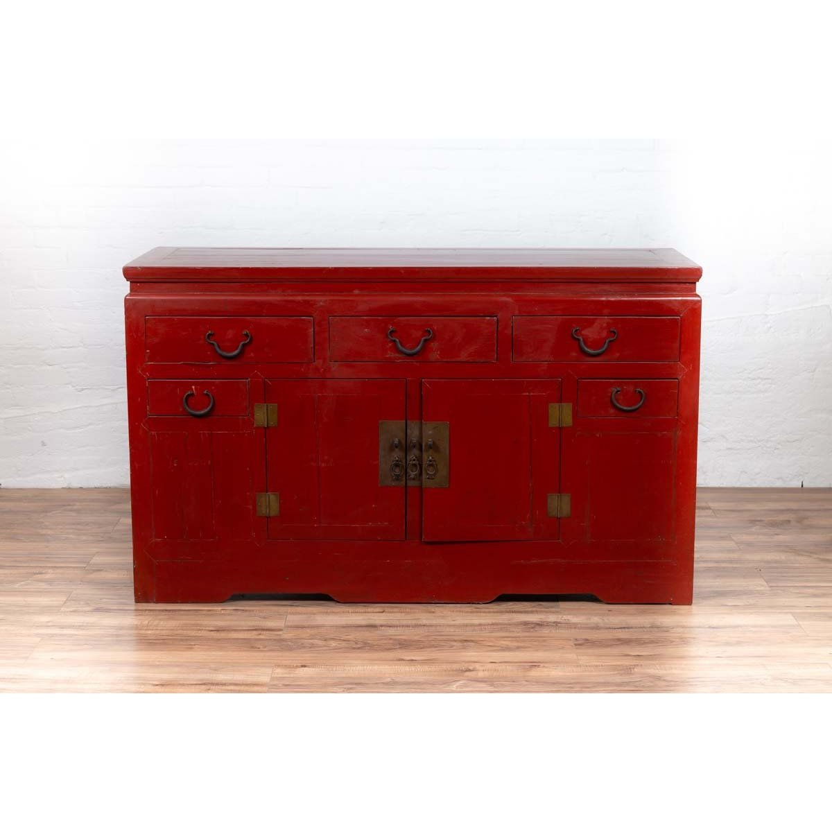 Chinese Ming Dynasty Style Red Lacquered Console Cabinet with Doors and Drawers-2. Asian & Chinese Furniture, Art, Antiques, Vintage Home Décor for sale at FEA Home