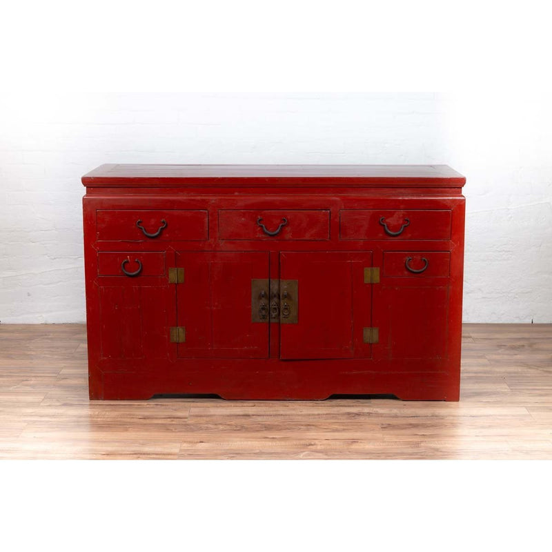 Chinese Ming Dynasty Style Red Lacquered Console Cabinet with Doors and Drawers