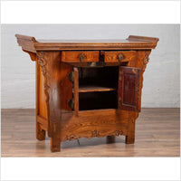 Chinese Ming Style Elm Altar Cabinet with Carved Sides, Drawers and Doors