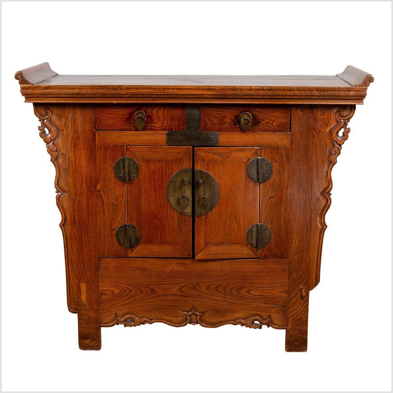Chinese Ming Style Elm Altar Cabinet with Carved Sides, Drawers and Doors- Asian Antiques, Vintage Home Decor & Chinese Furniture - FEA Home