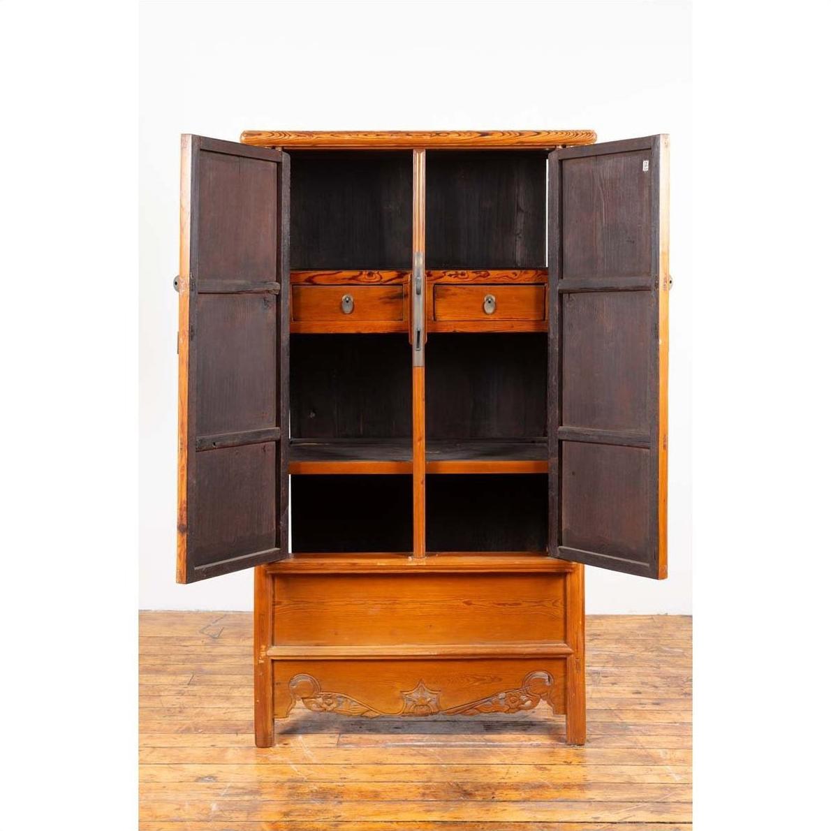 Chinese Ming Style Elm Wardrobe with Two Doors, Hidden Drawers and Carved Skirt-12. Asian &amp; Chinese Furniture, Art, Antiques, Vintage Home Décor for sale at FEA Home
