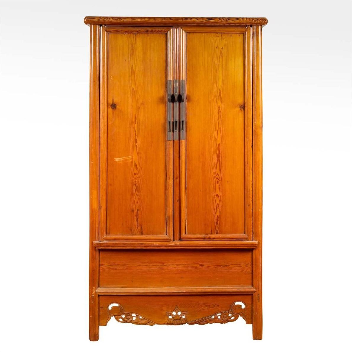Chinese Ming Style Elm Wardrobe with Two Doors, Hidden Drawers and Carved Skirt-1. Asian &amp; Chinese Furniture, Art, Antiques, Vintage Home Décor for sale at FEA Home