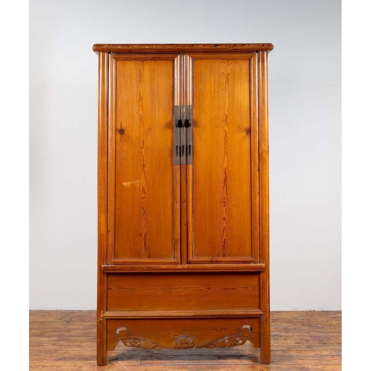 Chinese Ming Style Elm Wardrobe with Two Doors, Hidden Drawers and Carved Skirt-5. Asian &amp; Chinese Furniture, Art, Antiques, Vintage Home Décor for sale at FEA Home