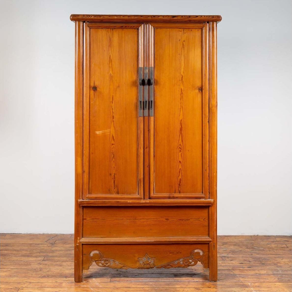 Chinese Ming Style Elm Wardrobe with Two Doors, Hidden Drawers and Carved Skirt-2. Asian &amp; Chinese Furniture, Art, Antiques, Vintage Home Décor for sale at FEA Home
