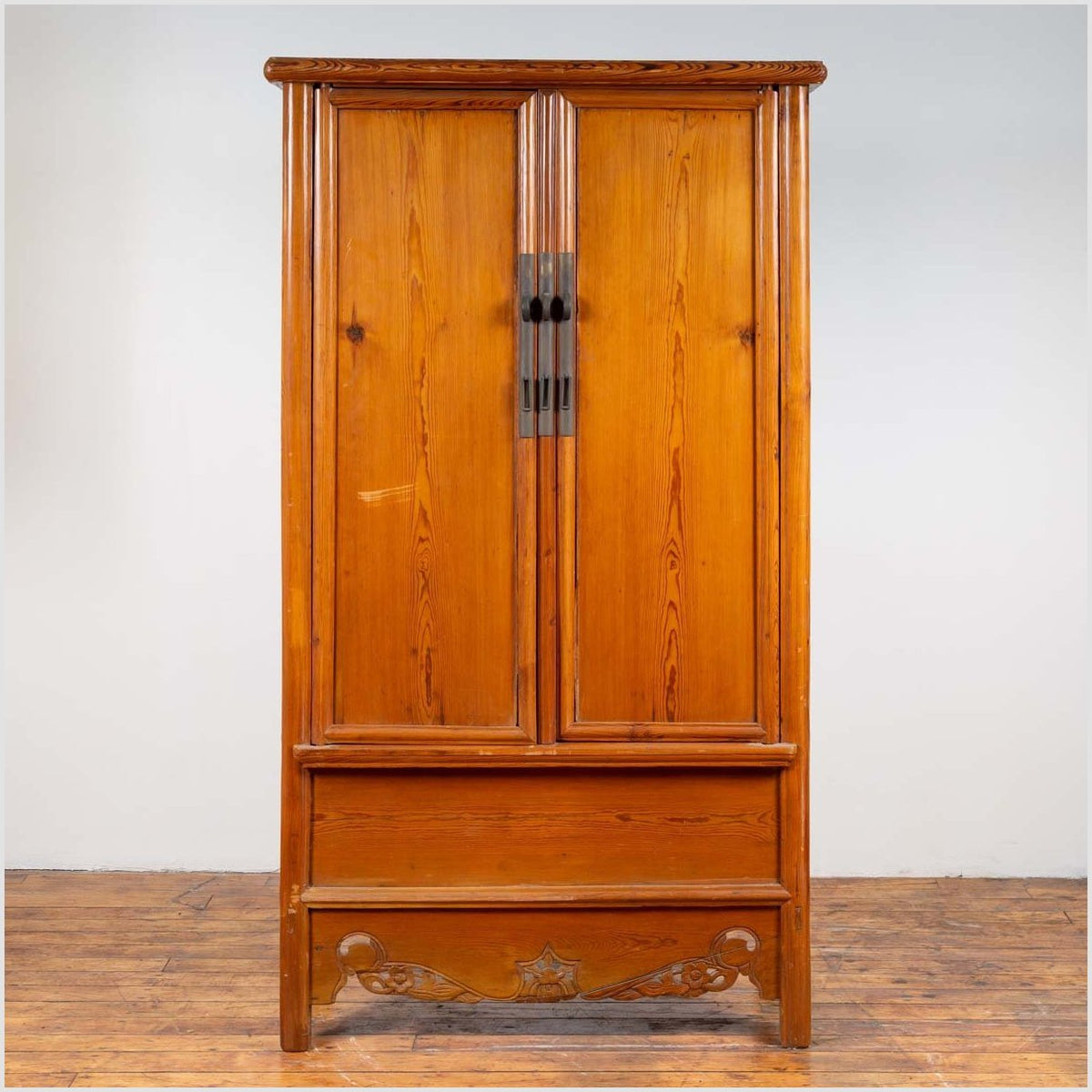 Chinese Ming Style Elm Wardrobe with Two Doors, Hidden Drawers and Carved Skirt-2. Asian & Chinese Furniture, Art, Antiques, Vintage Home Décor for sale at FEA Home