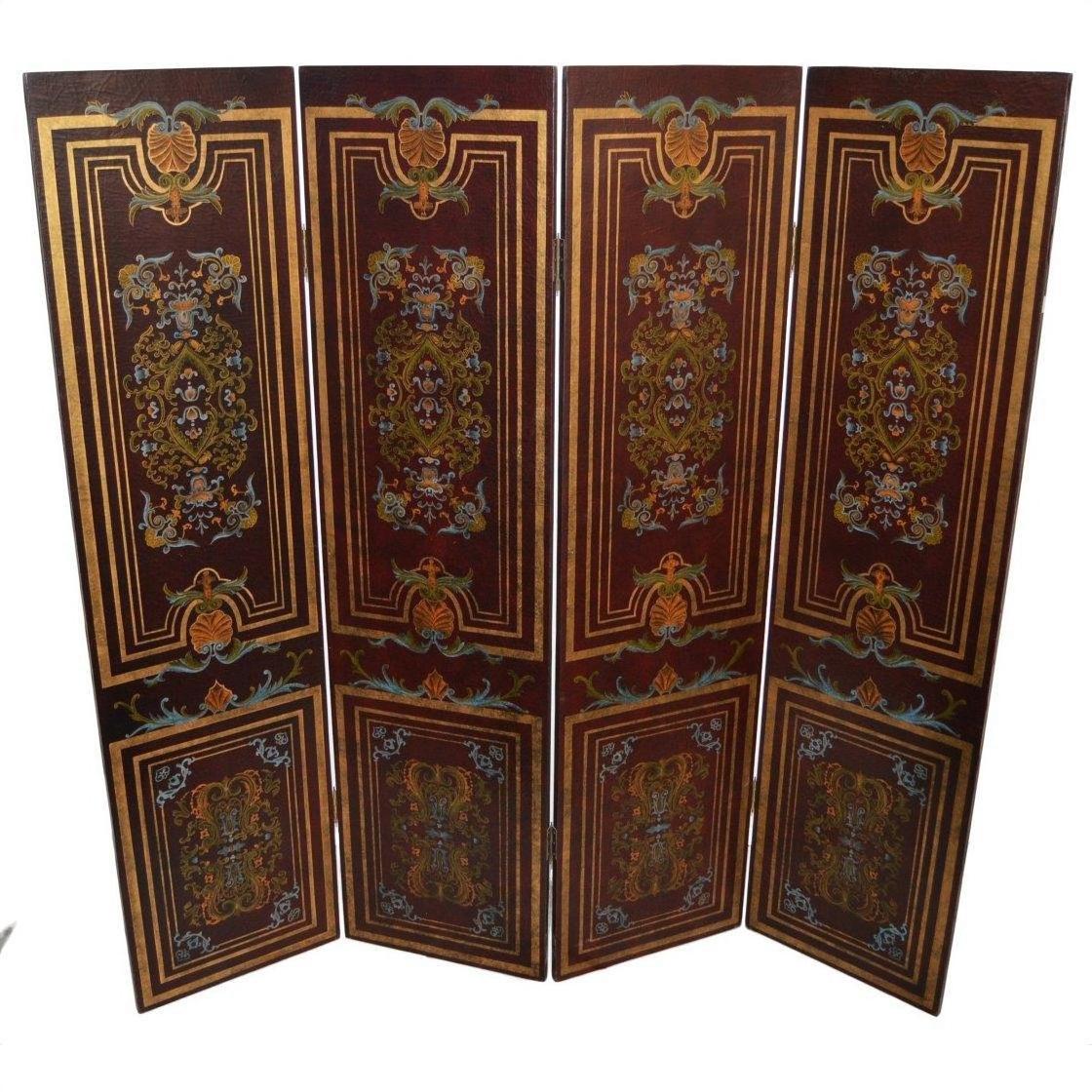 Dark brown vintage 4-panel divider featuring double-sided floral and geometric designs.