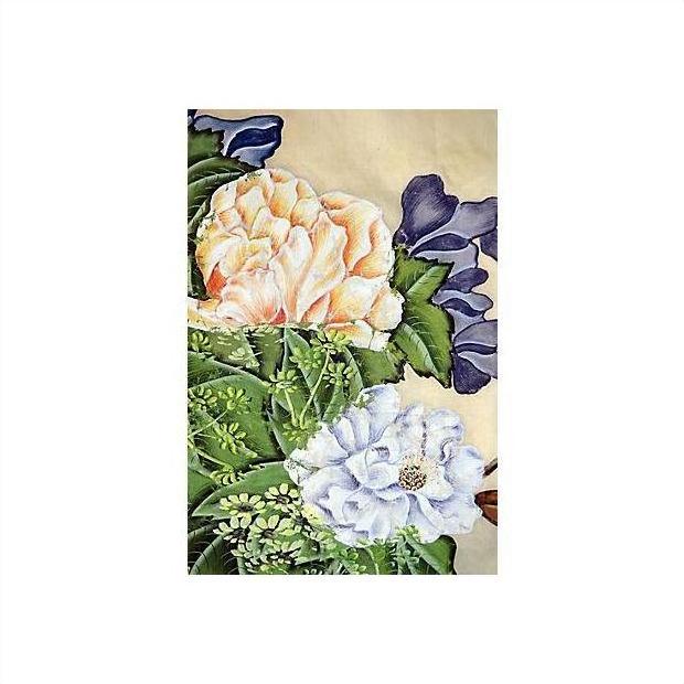 Close-up of multicolored flowers and green foliage on silk, Chinese painting style.