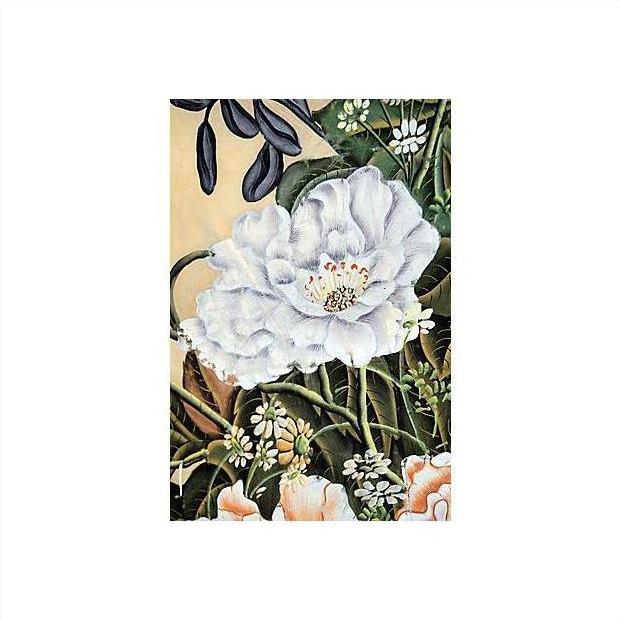 White flower and green leaves painted on silk in botanical style, includes smaller flowers, traditional Chinese art.